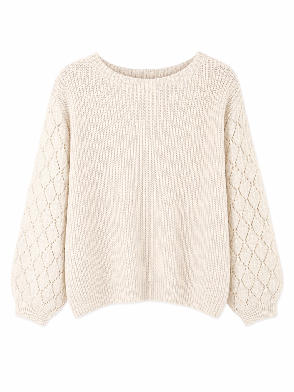 Cream Knit Crewneck Sweater with Textured Diamond Sleeves